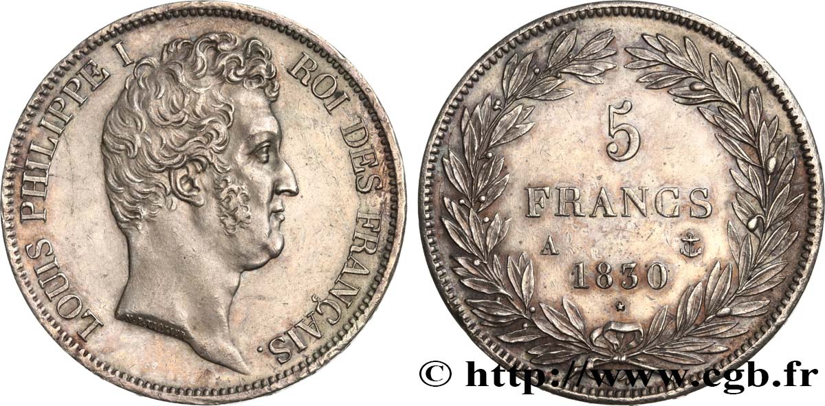5 francs type Tiolier avec le I, tranche en creux 1830 Paris F.315/1 SUP61 
