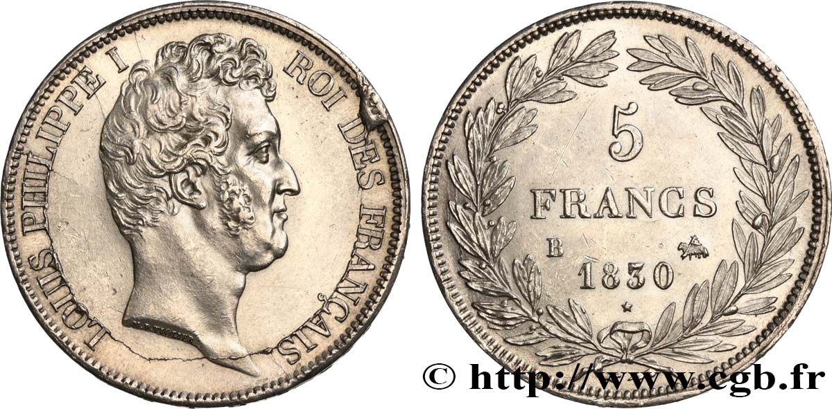 5 francs type Tiolier avec le I, tranche en creux 1830 Rouen F.315/2 SUP62 