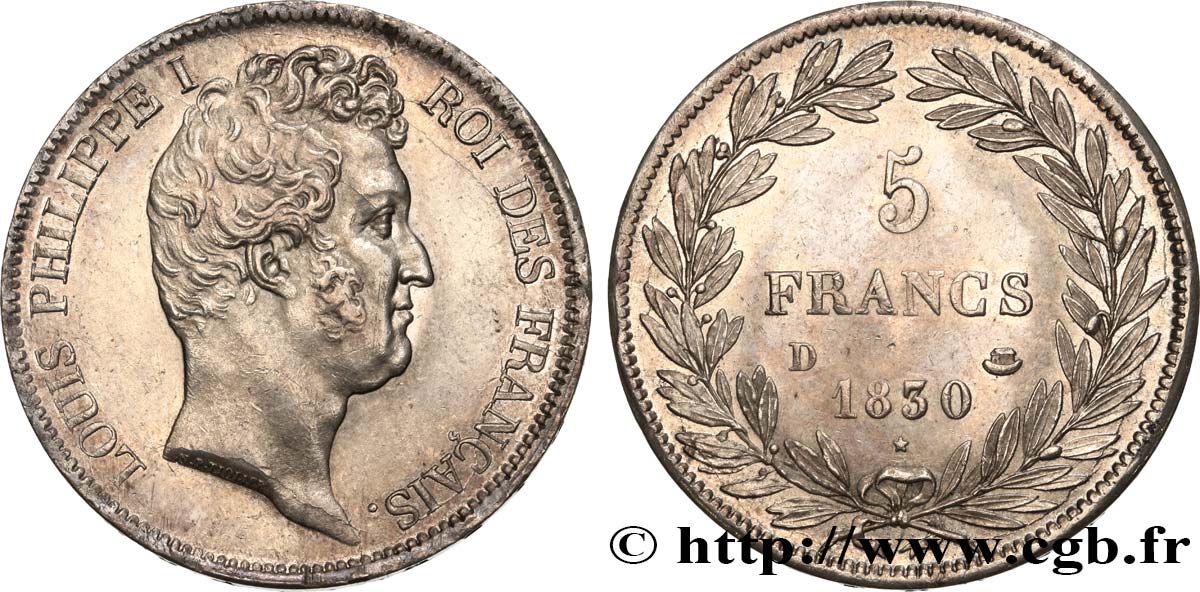 5 francs type Tiolier avec le I, tranche en creux 1830 Lyon F.315/4 SUP55 