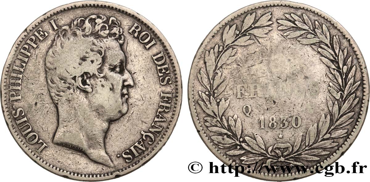 5 francs type Tiolier avec le I, tranche en creux 1830 Perpignan F.315/11 VF22 