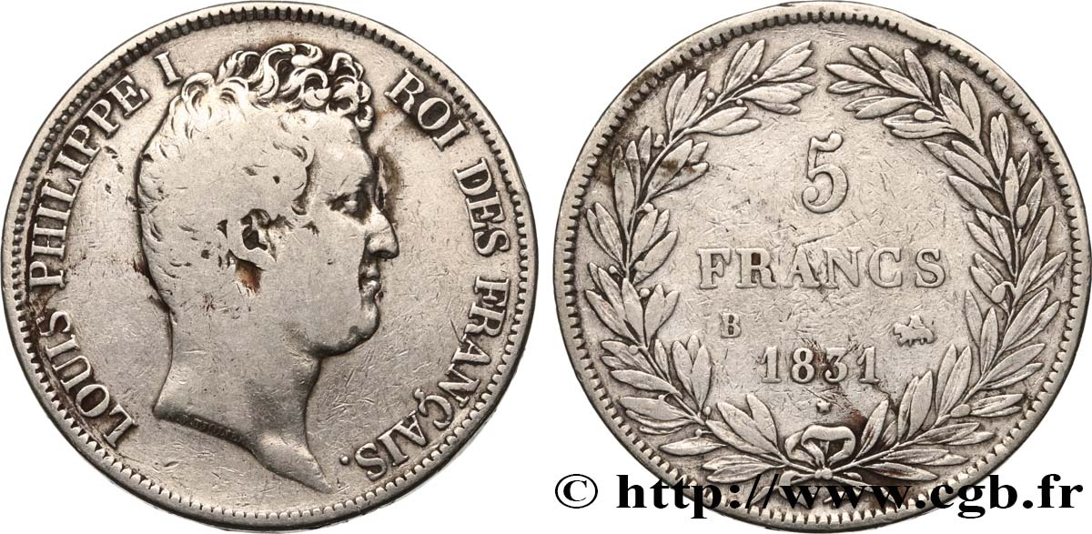 5 francs type Tiolier avec le I, tranche en creux 1831 Rouen F.315/15 TB20