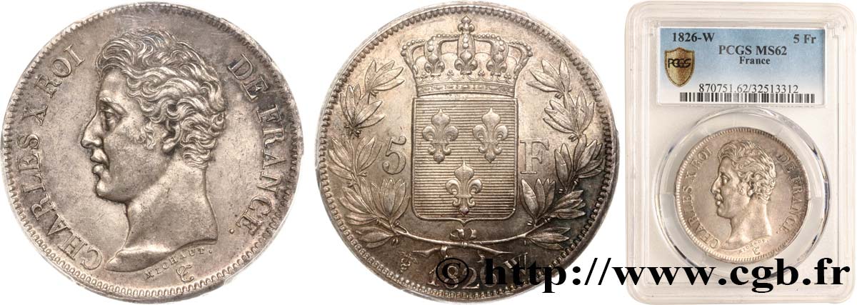 5 francs Charles X, 1er type 1826 Lille F.310/27 MS62 PCGS