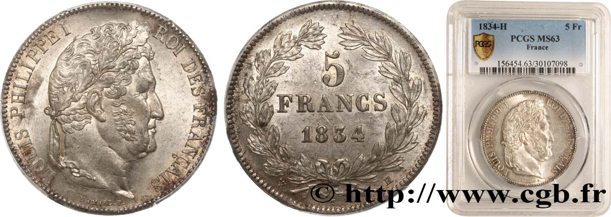 5 francs IIe type Domard 1834 La Rochelle F.324/33 MS63 PCGS