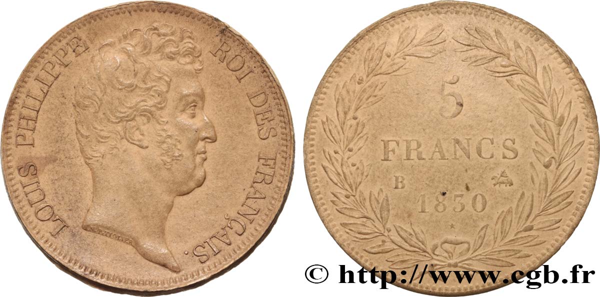 Essai de coins sur une 5 francs type Tiolier sans le I, tranche en creux 1830  Rouen VG.2791  XF 