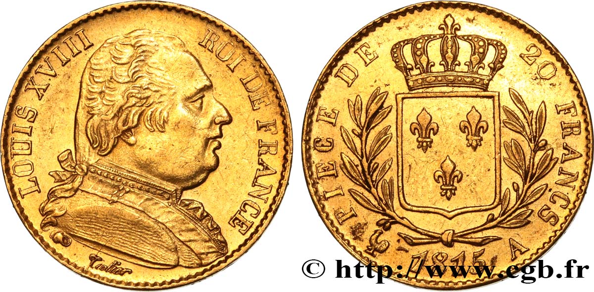 20 francs or Louis XVIII, buste habillé 1815 Paris F.517/10 SUP58 