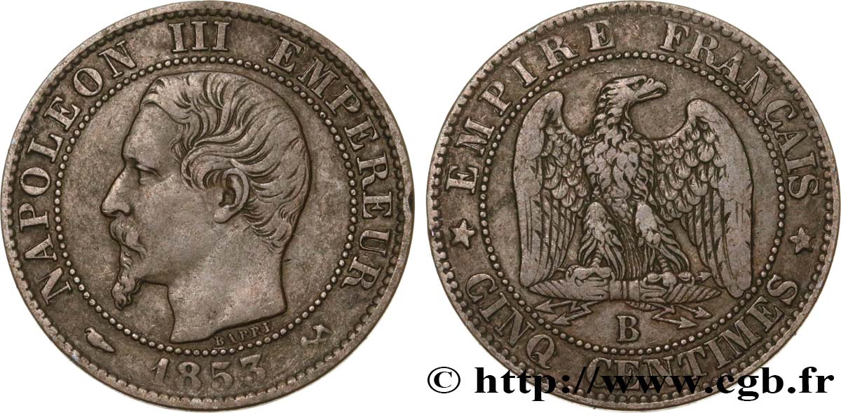 Cinq centimes Napoléon III, tête nue 1853 Rouen F.116/2 VF35 