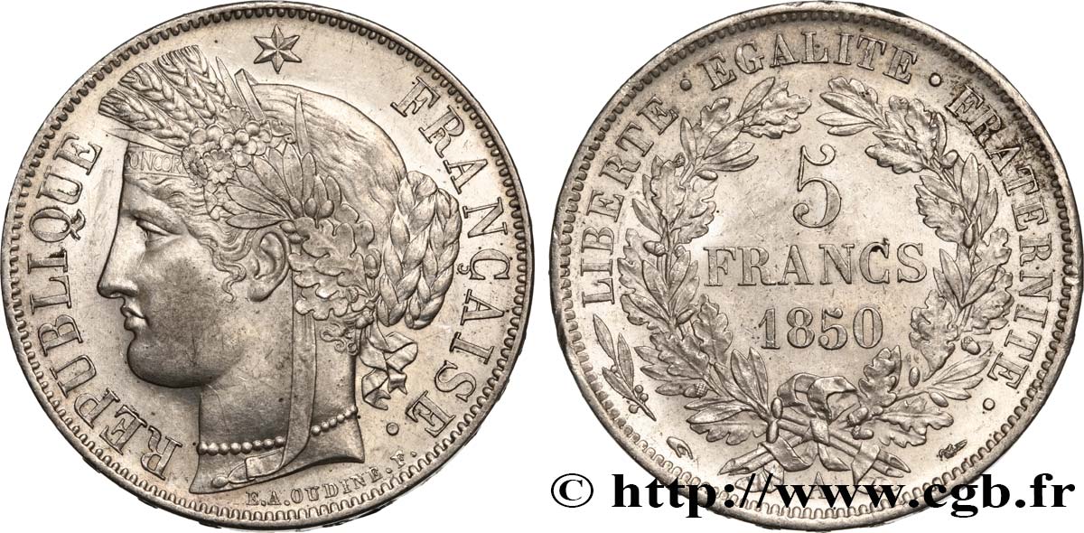 5 francs Cérès, IIe République 1850 Paris F.327/4 MS60 