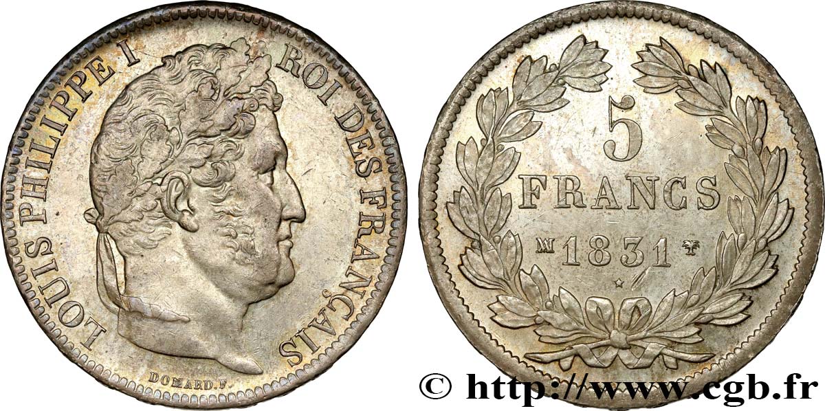 5 francs Ier type Domard, tranche en relief 1831 Marseille F.320/10 VZ59 