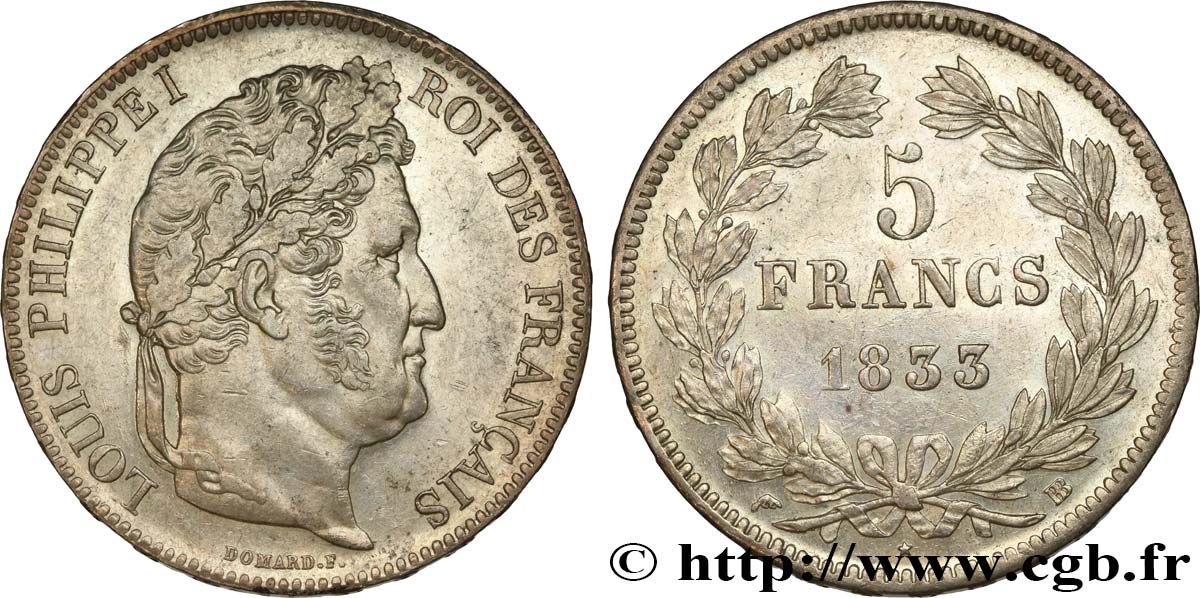 5 francs IIe type Domard 1833 Strasbourg F.324/16 AU54 