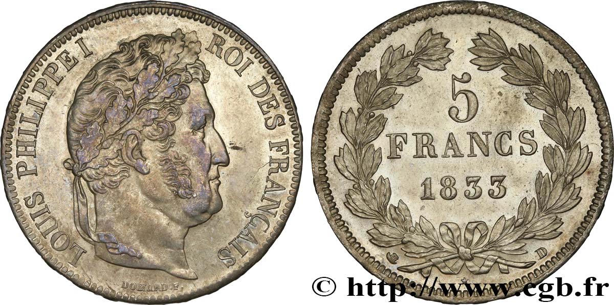 5 francs IIe type Domard 1833 Lyon F.324/17 MS62 