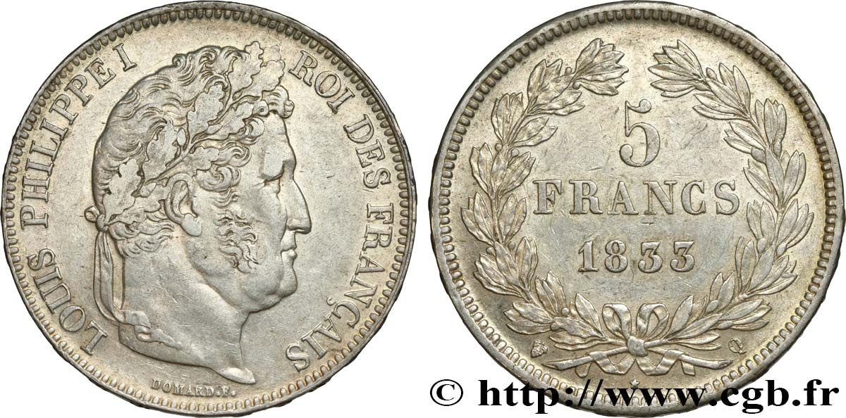 5 francs IIe type Domard 1833 Perpignan F.324/25 BB50 