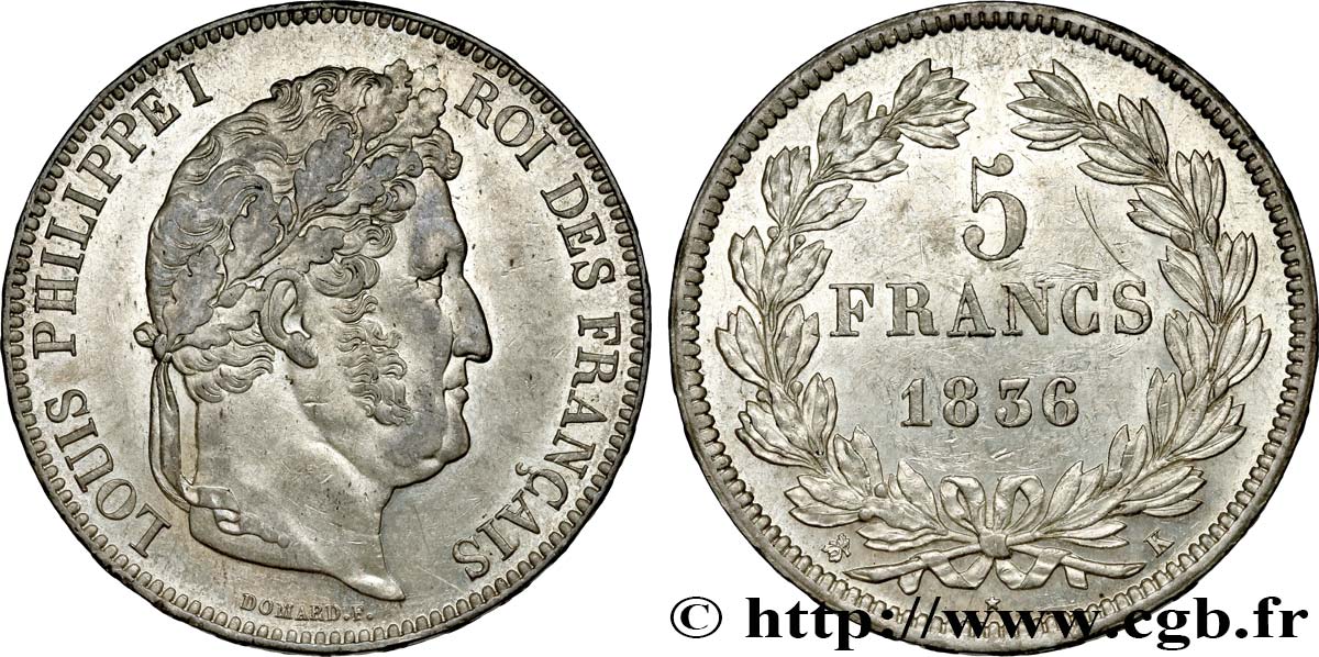 5 francs IIe type Domard 1836 Bordeaux F.324/57 AU58 