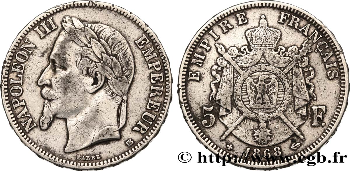 5 francs Napoléon III, tête laurée 1868 Strasbourg F.331/13 TB