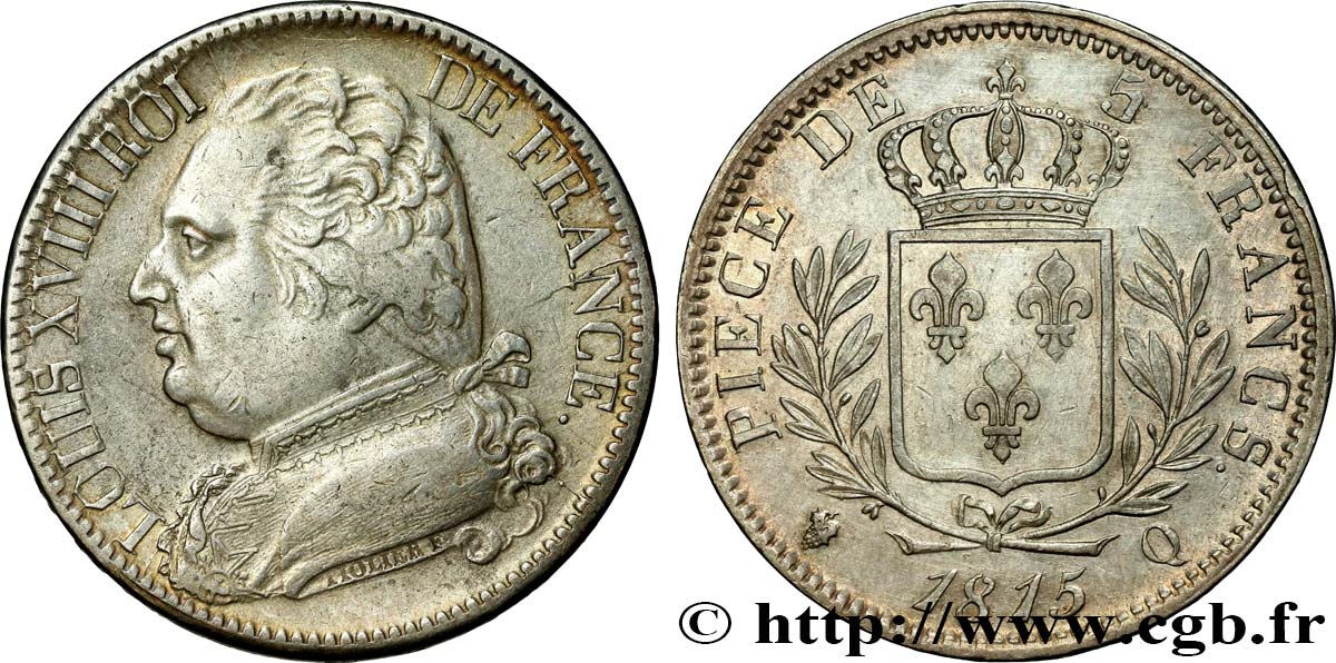 5 francs Louis XVIII, buste habillé 1815 Perpignan F.308/28 TTB50 
