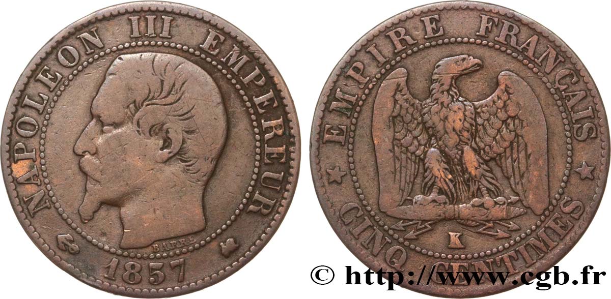 Cinq centimes Napoléon III, tête nue 1857 Bordeaux F.116/41 TB20