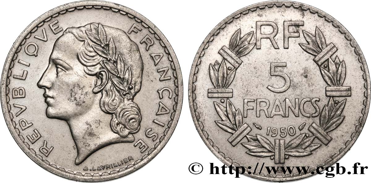 5 francs Lavrillier, aluminium 1950 Beaumont-Le-Roger F.339/21 SUP55