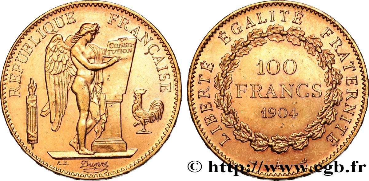 100 francs or Génie, tranche inscrite en relief Dieu protège la France 1904 Paris F.552/17 fST63 