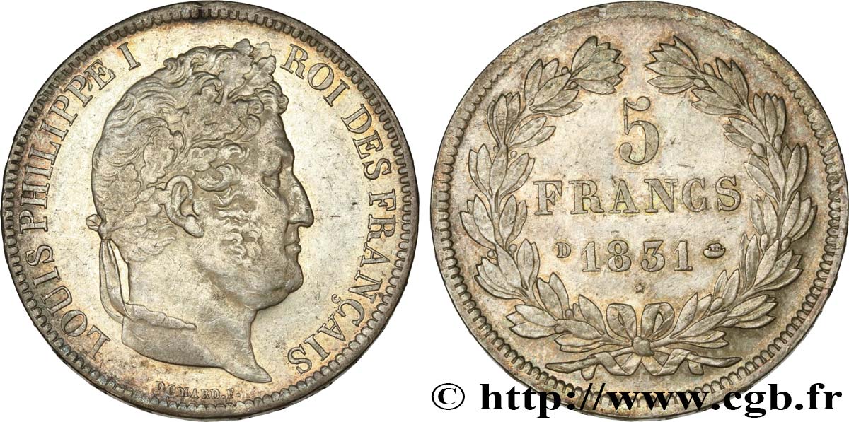 5 francs Ier type Domard, tranche en relief 1831 Lyon F.320/4 AU50 