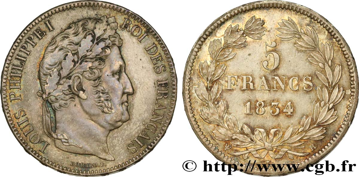 5 francs IIe type Domard 1834 La Rochelle F.324/33 SUP58 