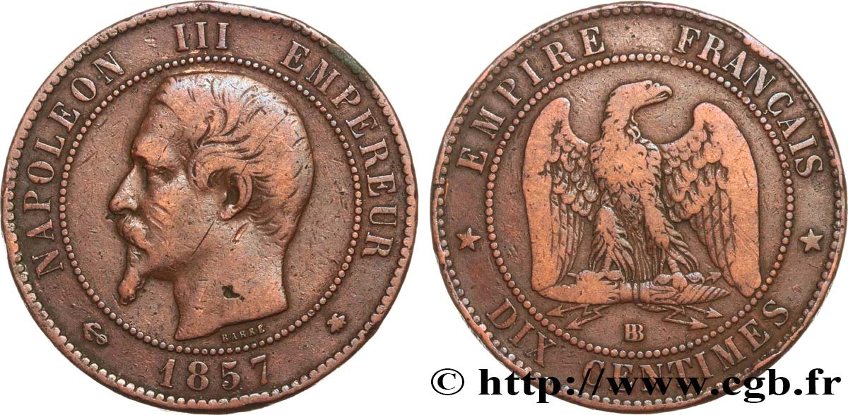 Dix centimes Napoléon III, tête nue 1857 Strasbourg F.133/43 TB25