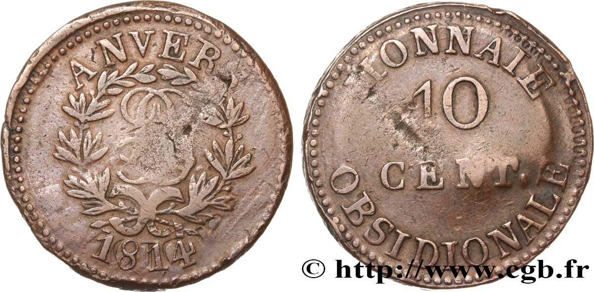 10 cent. Anvers au double L, frappe de l’arsenal de la marine 1814 Anvers F.130D/1 TB20