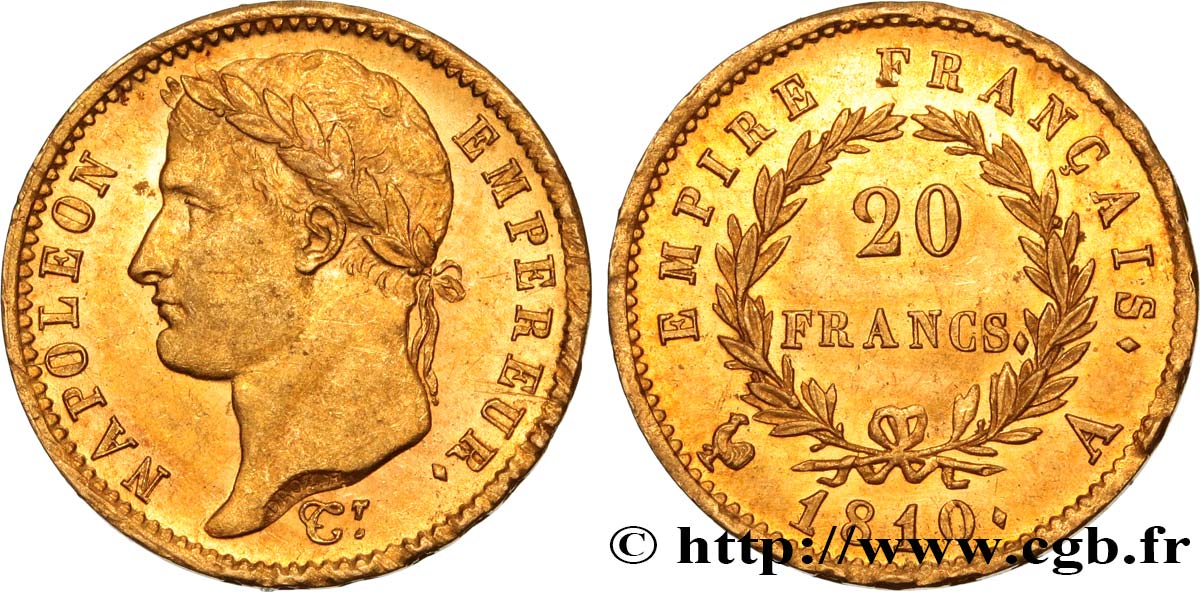 20 francs or Napoléon tête laurée, Empire français 1810 Paris F.516/8 SUP62 