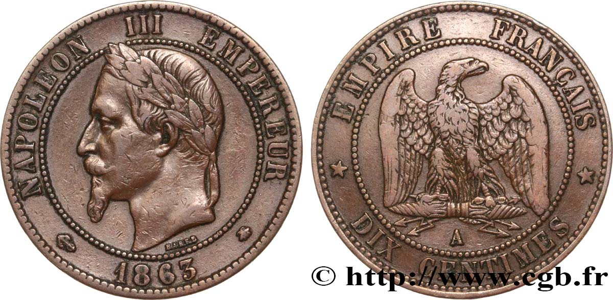 Dix centimes Napoléon III, tête laurée 1863 Paris F.134/10 TB35