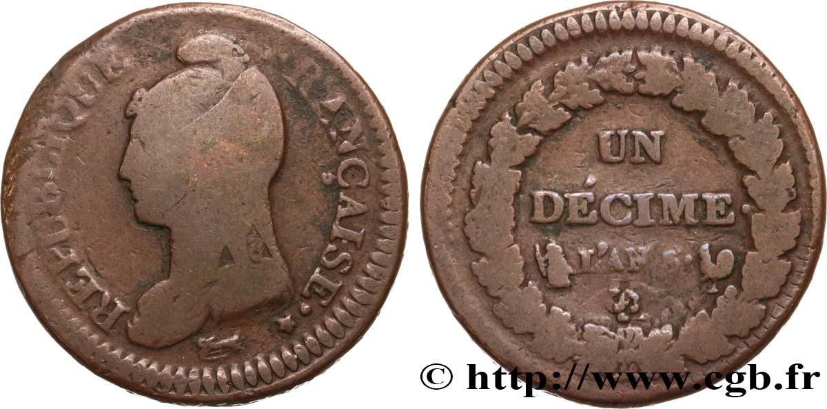 Un décime Dupré, grand module, refrappage du 2 décimes 1797 Orléans F.128/10 B12