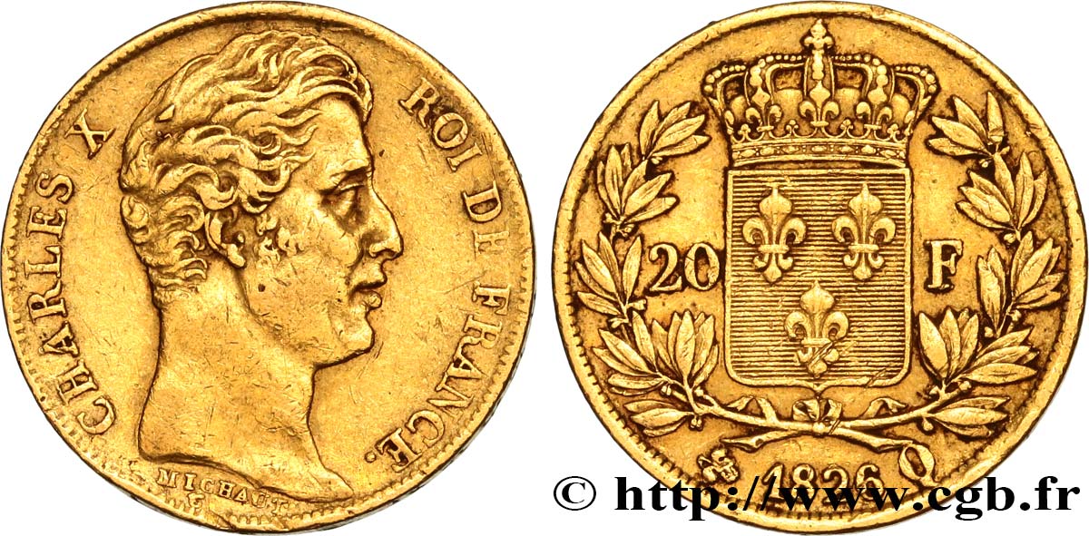 20 francs or Charles X, matrice du revers à quatre feuilles et demie 1826 Perpignan F.520/4 TTB48 