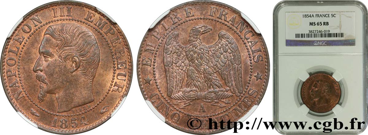 Cinq centimes Napoléon III, tête nue 1854 Paris F.116/8 FDC65 NGC