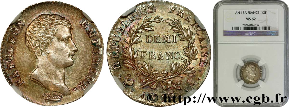 Demi-franc Napoléon Empereur, Calendrier révolutionnaire 1805 Paris F.174/10 SPL62 NGC