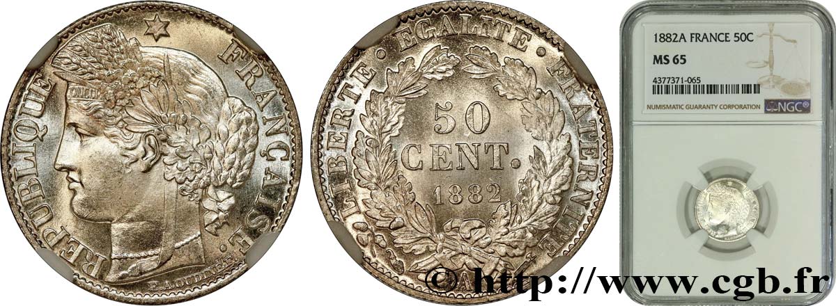 50 centimes Cérès, IIIe République 1882 Paris F.189/10 FDC65 NGC