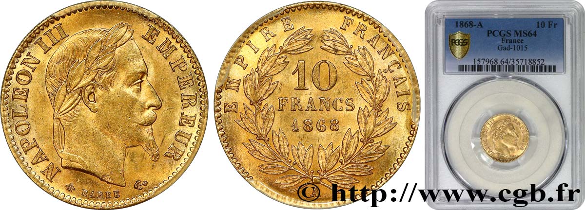 10 francs or Napoléon III, tête laurée 1868 Paris F.507A/17 MS64 PCGS