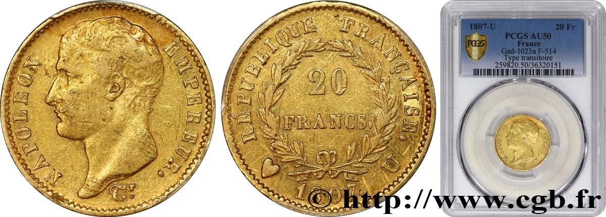 20 francs Napoléon tête nue, type transitoire 1807 Turin F.514/3 AU50 PCGS