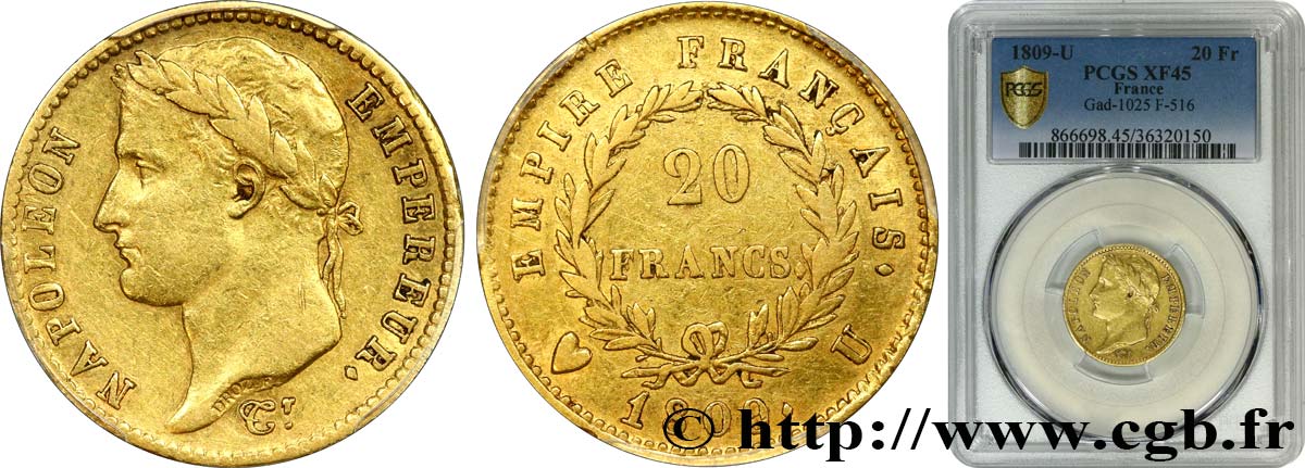 20 francs or Napoléon tête laurée, Empire français 1809 Turin F.516/6 SS45 PCGS