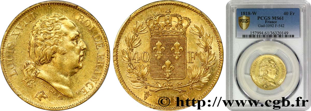 40 francs or Louis XVIII 1818 Lille F.542/8 SUP61 PCGS