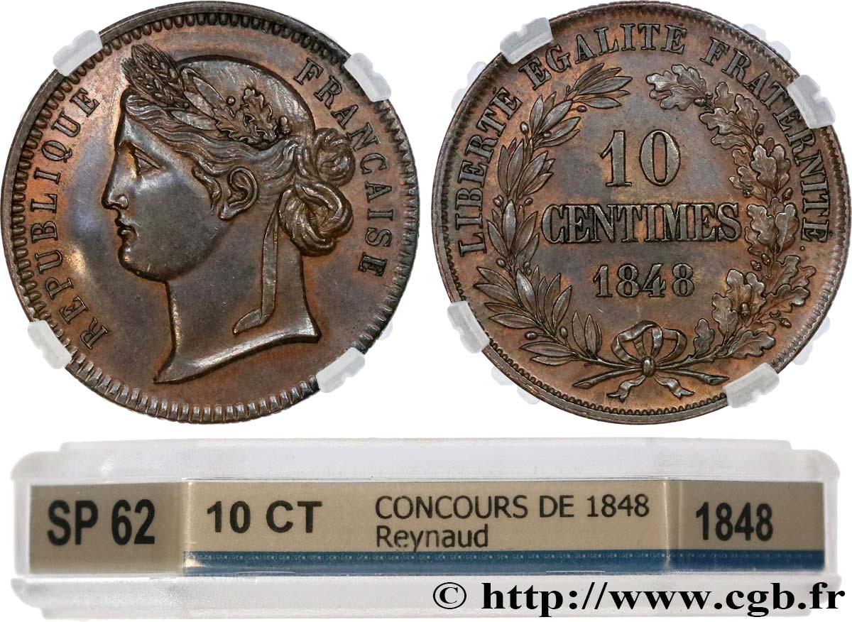 Concours de 10 centimes, essai en cuivre par Reynaud 1848 Paris VG.3174  SUP62 GENI