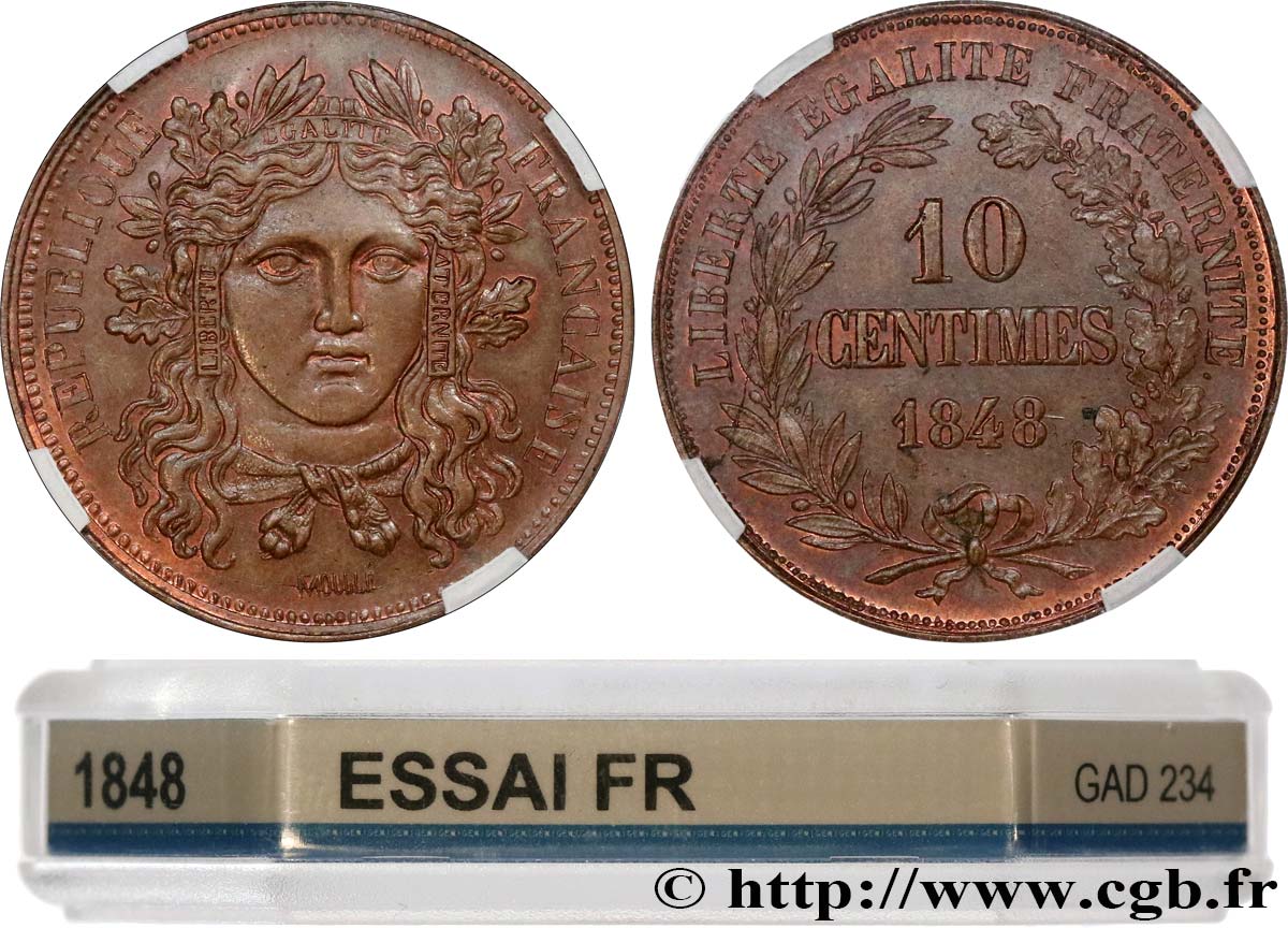 Concours de 10 centimes, essai en cuivre par Moullé, premier revers 1848 Paris VG.3148  SPL64 GENI