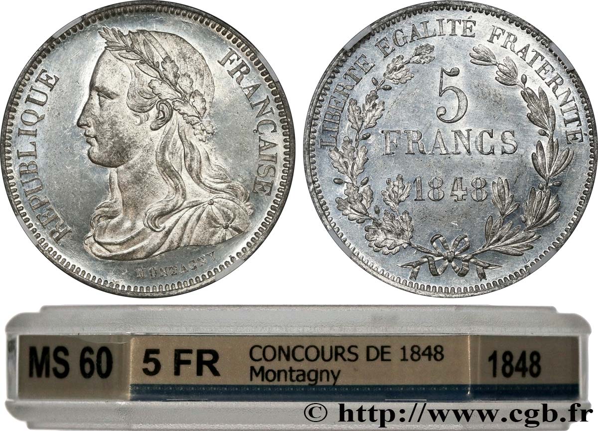 Concours de 5 francs, essai en étain par Montagny 1848 Paris VG.3085 var. SUP60 GENI