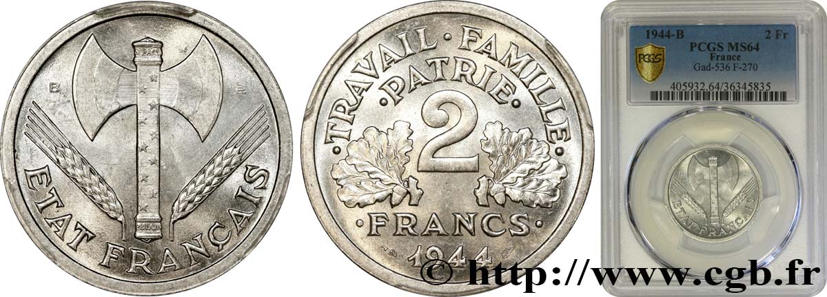 2 francs Francisque 1944 Beaumont-Le-Roger F.270/5 fST64 PCGS