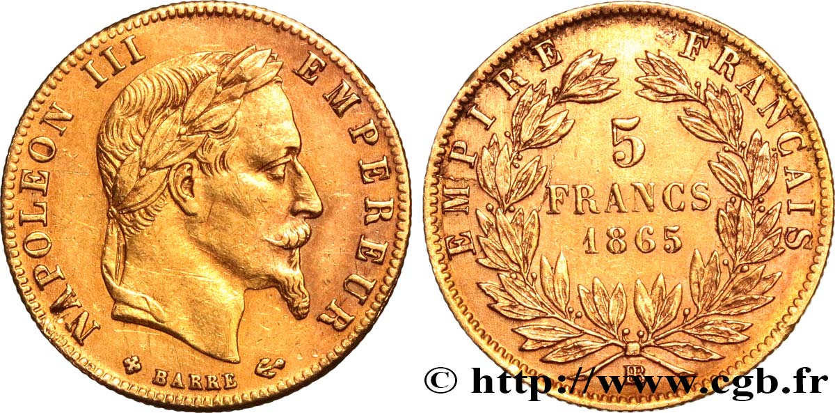 5 francs or Napoléon III, tête laurée 1865 Strasbourg F.502/8 TTB+ 
