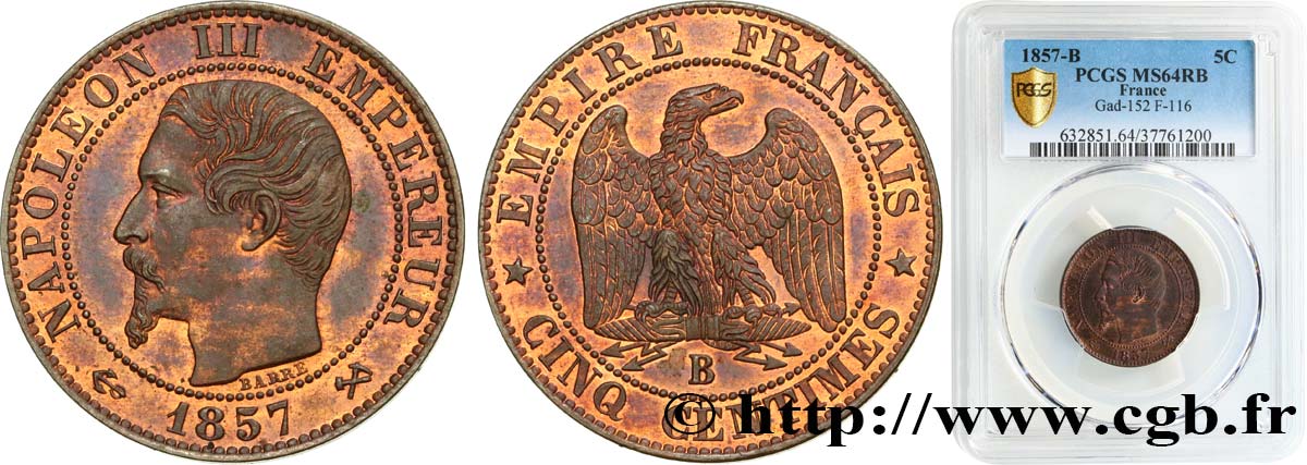Cinq centimes Napoléon III, tête nue 1857 Rouen F.116/38 MS64 PCGS