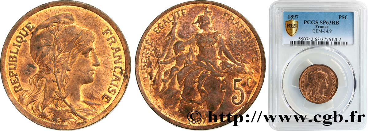 Pré-série de la 5 centimes Daniel-Dupuis, sans le mot ESSAI, flan brillant 1897  GEM.14 9 fST63 PCGS