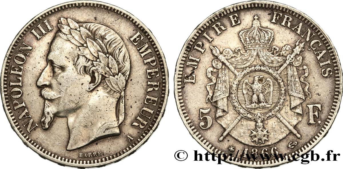 5 francs Napoléon III, tête laurée 1866 Paris F.331/9 TTB 
