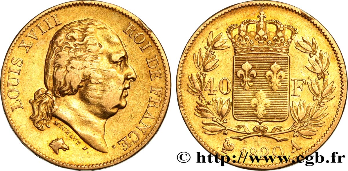 40 francs or Louis XVIII 1820 Paris F.542/10 VF35 