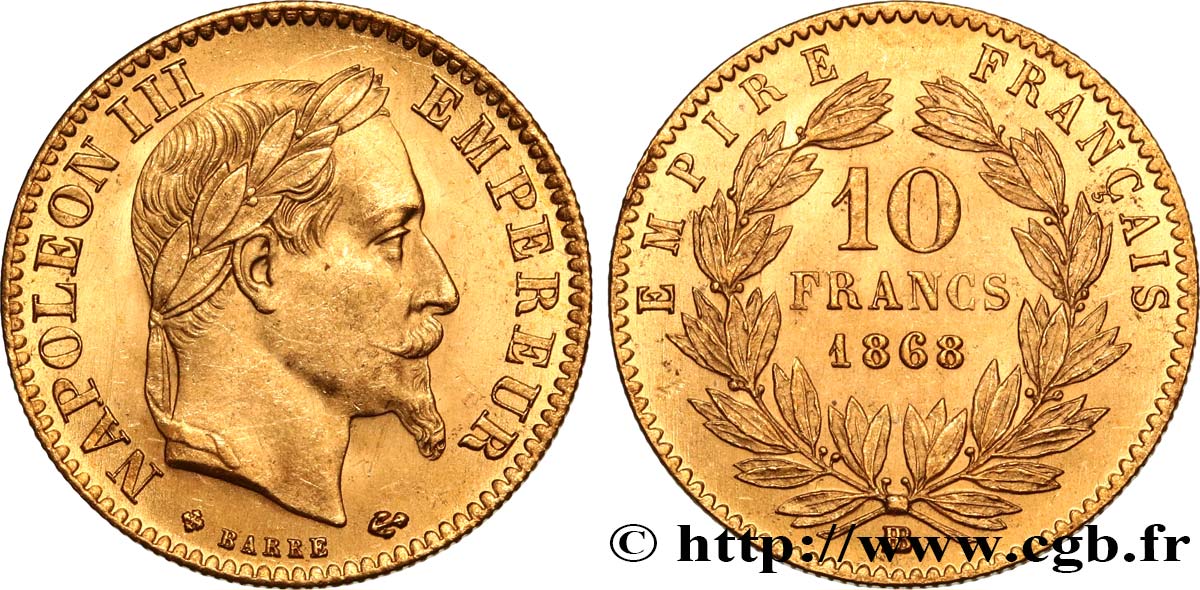 10 francs or Napoléon III, tête laurée 1868 Strasbourg F.507A/18 MS64 