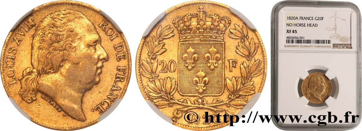 20 francs Louis XVIII, tête nue, sans tête de cheval 1820 Paris F.519/20 TTB45 NGC
