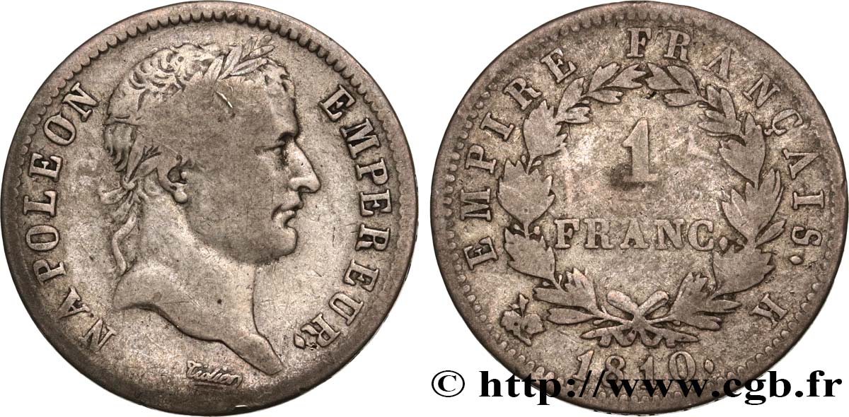 1 franc Napoléon Ier tête laurée, Empire français 1810 Bordeaux F.205/20 VF20 