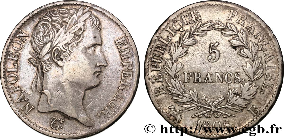 5 francs Napoléon empereur, République française 1808 Rouen F.306/3 VF 
