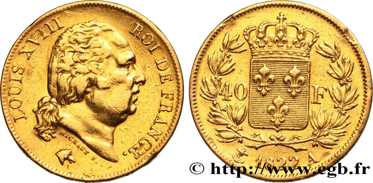 40 francs or Louis XVIII 1822 Paris F.542/11 XF 